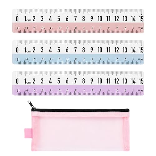 3 Stück Transparentes Lineal, 1 Stück Netz-Federmäppchen, Kinderlineal, Mini-Lineal, Doppelskalenlineal, Zeichenlineal Für Schüler, 15 Cm Bruchsicheres Messlineal von EHDWXVZM