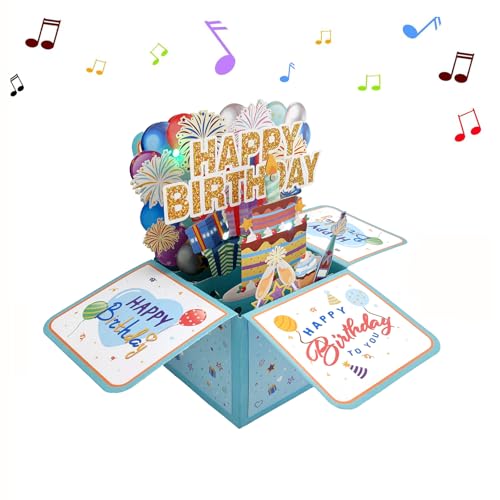 EHIOG 3D PopUp Birthday Cards, Birthday Cards Fireworks Pop Up Cake Light, Musical & LED Lights Birthday Cards with Blowable Birthday Cake, for Mom Women Men Kids Child Dad Father Wife (Blue) von EHIOG