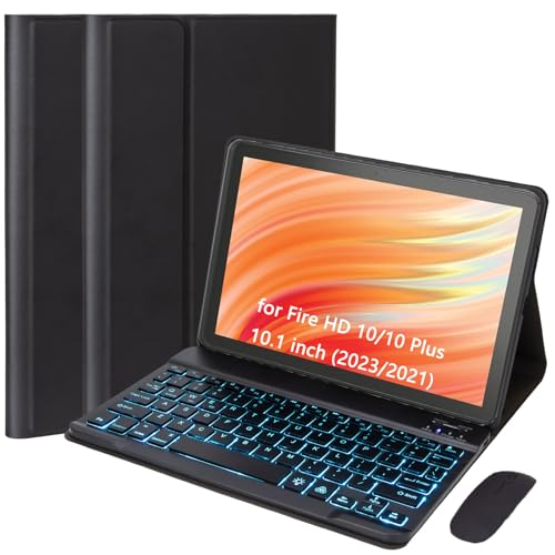 EHLCYS Keyboard Case for Amazon Fire HD 10/10 Plus 10.1 Inch 2021/2023 (11th/13th Gen), 7 Color Lighting Magnetic Removable Bluetooth Keyboard, Soft TPU Back Protective Case and Mouse von EHLCYS