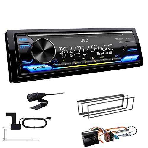 JVC KD-X472DBT 1-DIN Autoradio Bluetooth USB inkl DAB Antenne Einbauset passend für Peugeot 1007 2005-2009 schwarz von EHO