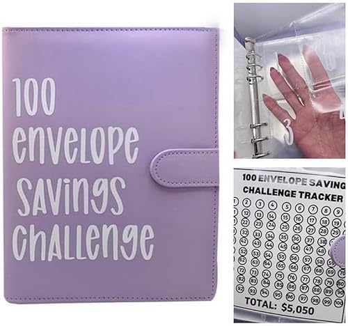 100 Envelope Challenge Binder Kit Herausforderungsordner mit 100 Umschlägen Money Saving Challenges Book Wasserdicht Budgetordner von 5.050 für Schuldenersatz Urlaub Geburtstag (Lila) von EHOTER