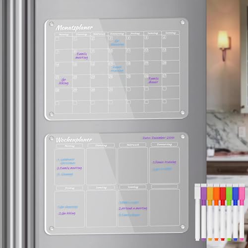Magnetischer Acryl Monats- Wochenkalender für Kühlschrank Transparent Monats- und Wochenplaner Trocken Abwischbarer Kühlschrank Kalender Planungstafeln Planer Notiz Board mit 8 Markern von EHOTER