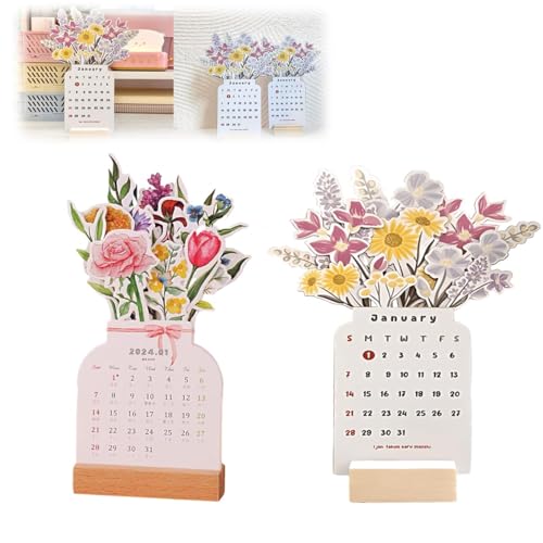 Schreibtischkalender Tischkalender 2024 Bloomy Flowers Blumen Stehkalender mit Blühend Blumen Kreativ Vasenform 3D Mini Kalender 2024 Neujahrs-Monatskalender Planer Büro Heim Deko Geschenk (A+B) von EHOTER