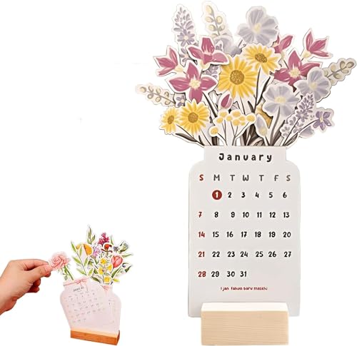 Schreibtischkalender Tischkalender 2024 Bloomy Flowers Blumen Stehkalender mit Blühend Blumen Kreativ Vasenform 3D Mini Kalender 2024 Neujahrs-Monatskalender Planer Büro Heim Deko Geschenk (B) von EHOTER