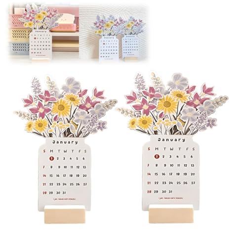 Schreibtischkalender Tischkalender 2024 Bloomy Flowers Blumen Stehkalender mit Blühend Blumen Kreativ Vasenform 3D Mini Kalender 2024 Neujahrs-Monatskalender Planer Büro Heim Deko Geschenk (B*2) von EHOTER