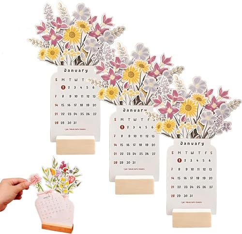 Schreibtischkalender Tischkalender 2024 Bloomy Flowers Blumen Stehkalender mit Blühend Blumen Kreativ Vasenform 3D Mini Kalender 2024 Neujahrs-Monatskalender Planer Büro Heim Deko Geschenk (B*3) von EHOTER