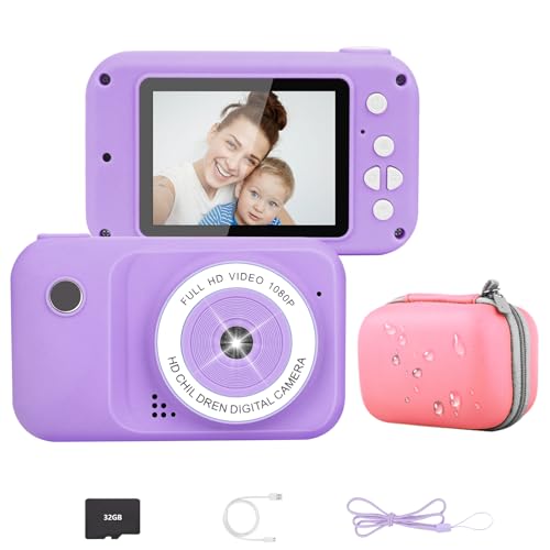 Kinder Kamera inkl.Tragetasche 2,4" Bildschir 1080P HD Kinderkamera Selfie Digitalkamera 32G SD-Kart Geschenke für 3-12 Jahre Jungen und Mädchen für Geburtstagsgeschenk Weihnachten Spielzeug (Lila) von EIEVEY