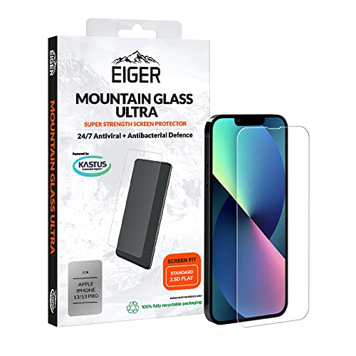 EIGER Mountain Glass Ultra Displayschutzfolie für iPhone 13 / 13 Pro, antibakteriell, 2,5D, transparent, mit Reinigungsset von EIGER