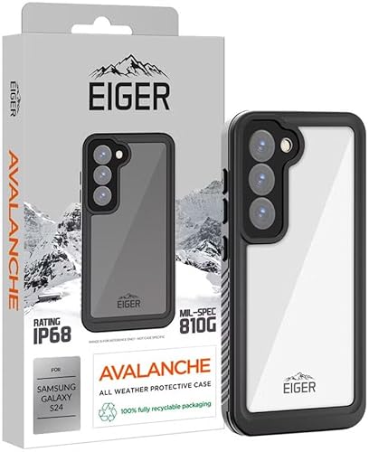 Wasserdichte Hülle Geeignet für Samsung Galaxy S24 | Eiger Avalanche Hülle | Full Protect Case Wasserdicht / Staubdicht | IP68 Cover mit eingebautem Displayschutzfolie | Transparent Schwarz von EIGER