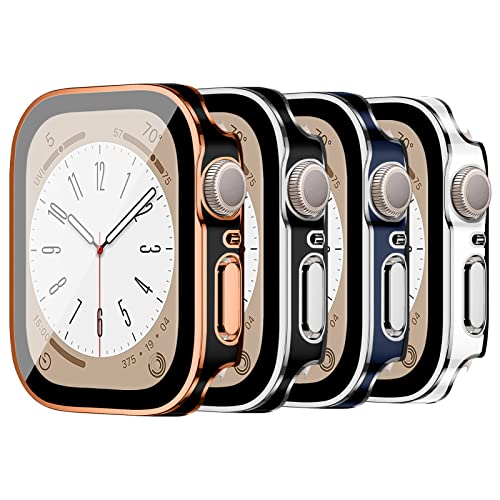 4-Stück Hard PC Hülle für Apple Watch 44mm Eingebauter Displayschutz aus Gehärtetem Glas HD Full Cover Protective Bumper für iWatch Series 6 5 4 SE(Schwarz&Roségold/Schwarz&Silber/Blau&Silber/Silber) von EIHAIHIS