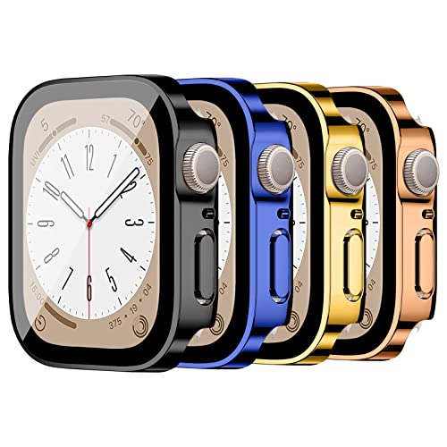 EIHAIHIS 4-Stück Hard PC Wasserdichte Hülle für Apple Watch 41mm Eingebauter Displayschutz aus Gehärtetem Glas, HD Full Cover Protective Bumper für iWatch Series 8 7(Schwarz/Blau/Gold/Roségold) von EIHAIHIS