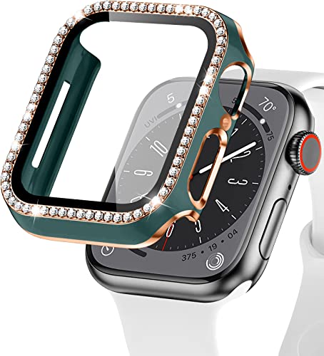 EIHAIHIS Bling Hülle für Apple Watch 40mm, Hart PC Diamant Schutzhülle mit Gehärtetem Glas Displayschutz für iWatch Series 6 5 4 SE, Grün+Roségold von EIHAIHIS