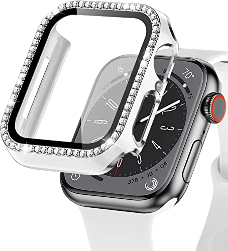 EIHAIHIS Bling Hülle für Apple Watch 41mm, Hart PC Diamant Schutzhülle mit Gehärtetem Glas Displayschutz für iWatch Series 8 7, Weiß+Silber von EIHAIHIS