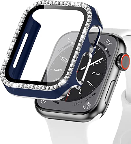 EIHAIHIS Bling Hülle für Apple Watch 44mm, Hart PC Diamant Schutzhülle mit Gehärtetem Glas Displayschutz für iWatch Series 6 5 4 SE, Blau+Silber von EIHAIHIS