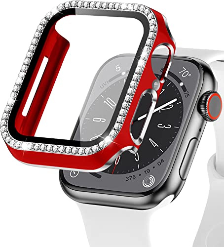 EIHAIHIS Bling Hülle für Apple Watch 44mm, Hart PC Diamant Schutzhülle mit Gehärtetem Glas Displayschutz für iWatch Series 6 5 4 SE, Rot+Silber von EIHAIHIS