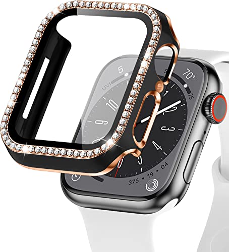 EIHAIHIS Bling Hülle für Apple Watch 44mm, Hart PC Diamant Schutzhülle mit Gehärtetem Glas Displayschutz für iWatch Series 6 5 4 SE, Schwarz+Roségold von EIHAIHIS