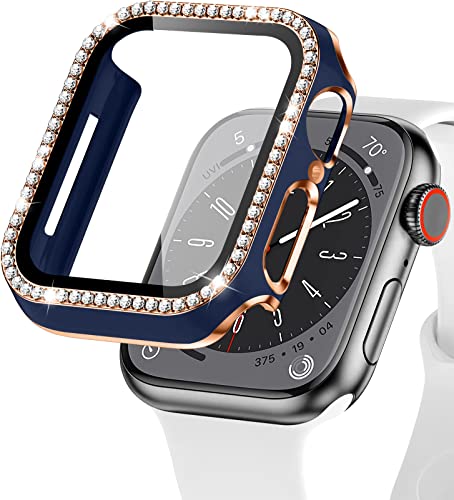 EIHAIHIS Bling Hülle für Apple Watch 45mm, Hart PC Diamant Schutzhülle mit Gehärtetem Glas Displayschutz für iWatch Series 8 7, Blau+Roségold von EIHAIHIS