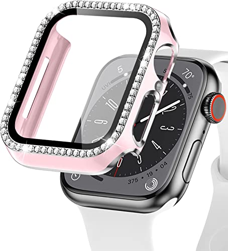 EIHAIHIS Bling Hülle für Apple Watch 45mm, Hart PC Diamant Schutzhülle mit Gehärtetem Glas Displayschutz für iWatch Series 8 7, Rosa+Silber von EIHAIHIS