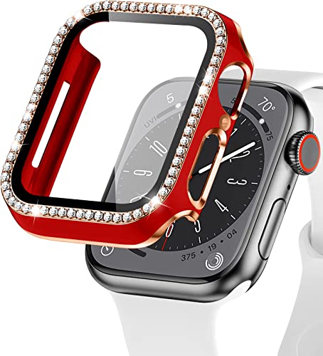 EIHAIHIS Bling Hülle für Apple Watch 45mm, Hart PC Diamant Schutzhülle mit Gehärtetem Glas Displayschutz für iWatch Series 8 7, Rot+Roségold von EIHAIHIS