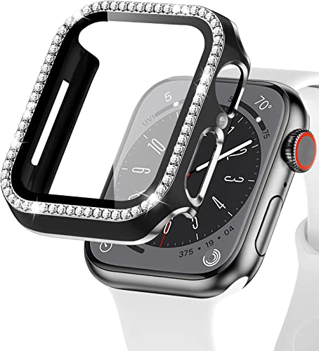 EIHAIHIS Bling Hülle für Apple Watch 45mm, Hart PC Diamant Schutzhülle mit Gehärtetem Glas Displayschutz für iWatch Series 8 7, Schwarz+Silber von EIHAIHIS