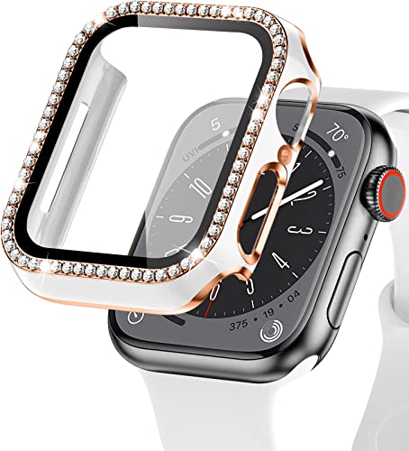 EIHAIHIS Bling Hülle für Apple Watch 45mm, Hart PC Diamant Schutzhülle mit Gehärtetem Glas Displayschutz für iWatch Series 8 7, Weiß+Roségold von EIHAIHIS