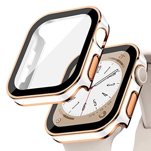 EIHAIHIS Hard PC Wasserdichte Hülle Kompatibel für Apple Watch 44mm, Eingebauter Displayschutz aus Gehärtetem Glas, HD Full Cover Protective Bumper für iWatch Series 6 5 4 SE, Roségold & Weiß 44mm von EIHAIHIS