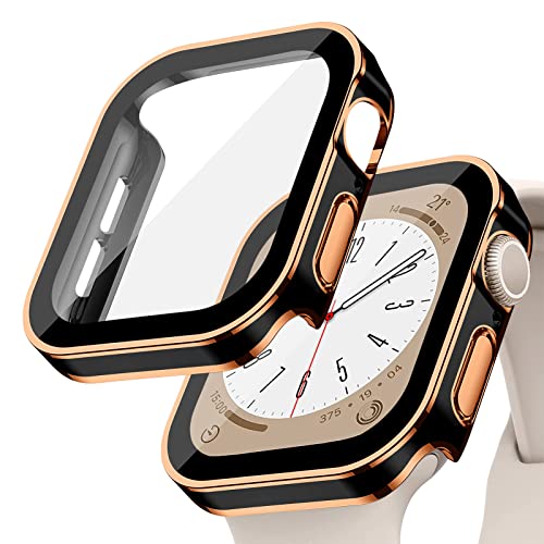 EIHAIHIS Hard PC Wasserdichte Hülle Kompatibel für Apple Watch 45mm, Eingebauter Displayschutz aus Gehärtetem Glas, HD Full Cover Protective Bumper für iWatch Series 8 7, Schwarz & Roségold 45mm von EIHAIHIS