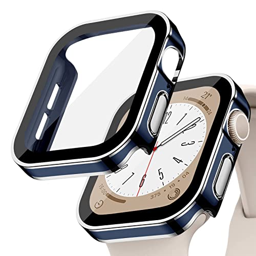 EIHAIHIS Hard PC Wasserdichte Hülle Kompatibel für Apple Watch 40mm, Eingebauter Displayschutz aus Gehärtetem Glas, HD Full Cover Protective Bumper für iWatch Series 6 5 4 SE, Blau & Silber 40mm von EIHAIHIS