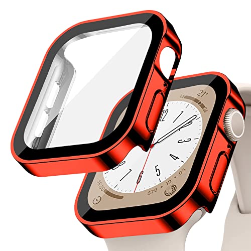 EIHAIHIS Hard PC wasserdichte Hülle Kompatibel für Apple Watch 45mm, Eingebauter Displayschutz aus Gehärtetem Glas, HD Full Cover Protective Bumper für iWatch Series 8 7, Rot 45mm von EIHAIHIS