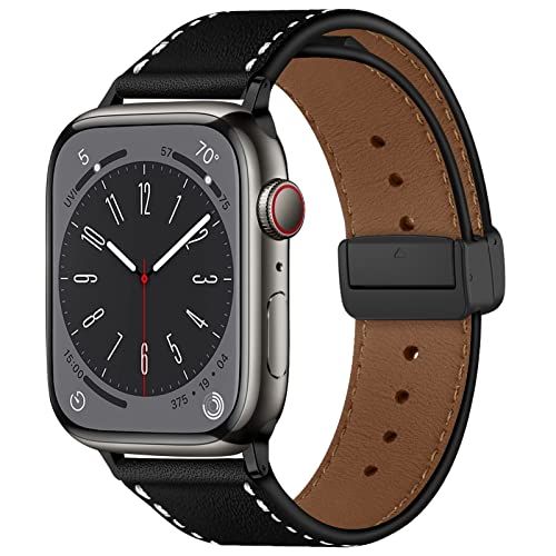 Magnetisches Lederarmband für Apple Watch 38/40/41/42/44/45/49mm, Atmungsaktives Loch Lederarmband mit starkem Magnetverschluss für iWatch Serie 8/Ultra/7/SE/6/5/4/3/2/1, Schwarz 42/44/45/49mm von EIHAIHIS