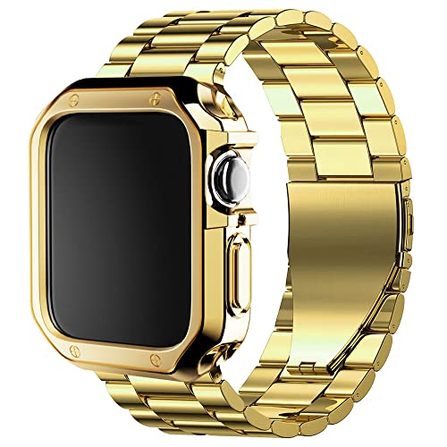 Metall Armband für Apple Watch Armband 42mm 44mm 45mm, Edelstahl Ersatzband mit Silikon-Schutzhülle für iWatch Series 8/7/SE/6/5/4/3, Gold von EIHAIHIS