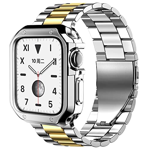 Metall Armband für Apple Watch Armband 42mm 44mm 45mm, Edelstahl Ersatzband mit Silikon-Schutzhülle für iWatch Series 8/7/SE/6/5/4/3, Silber Gold von EIHAIHIS