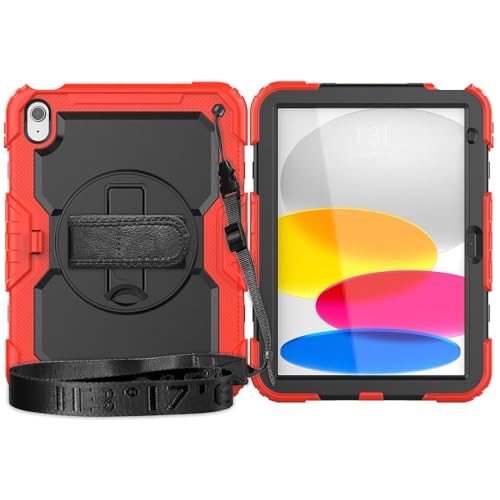 Kompatibel mit iPad 10. Generation 27,7 cm (11 Zoll) 2022 Hülle mit Displayschutzfolie, Ständer, Schultergurt, strapazierfähig, stoßfest, robust, um 360° drehbar, Handschlaufe und Schulterschutz, Rot von EITHNB