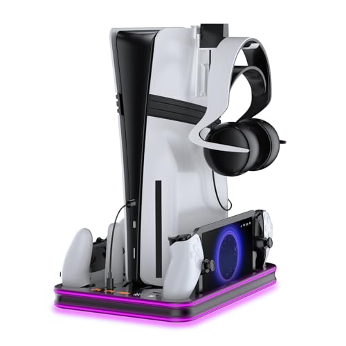 EJGAME PS5 Pro/Slim/PS5 Ständer und Kühlstation mit RGB Beleuchtung Controller Ladestation für Playstation 5 Konsole, PS Portal Ladestation, PS5 Pro Zubehör mit 3 Stufen Lüfter (Schwarz) von EJGAME
