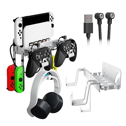 EJGAME Wandhalterung kompatibel mit Nintendo Switch/OLED, Metall-Wandhalterungs-Set, Regalständer, Zubehör mit Haken zum Aufhängen von Kopfhörern und Joy-Cons, Dual-Controller-Halterung (weiß) von EJGAME