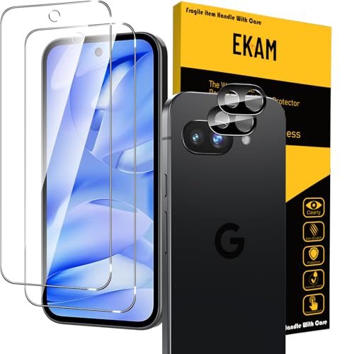 EKAM Displayschutzfolie [9H Härte] [Fingerabdruck-Entsperr-kompatibel] für Google Pixel 9a 6,3 Zoll, gehärtetes Glas für Pixel 9a Schutzfolie, 2 Stück Kameralinsenschutz, hüllenfreundlich, 2 Stück von EKAM