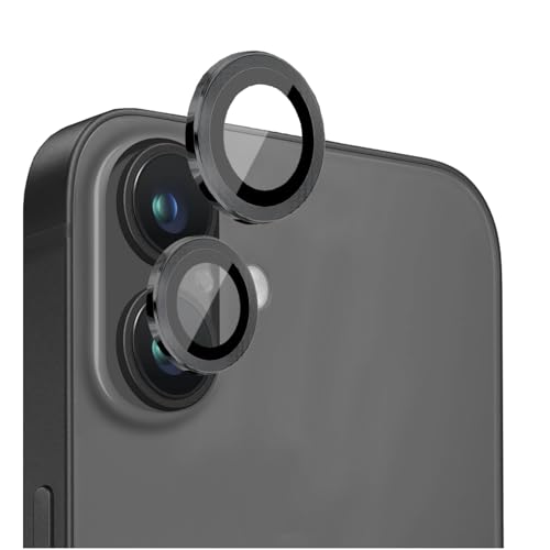 EKAM Kameralinsenschutz für iPhone 16 6,1 Zoll und iPhone 16 Plus 6,7 Zoll, 9H gehärtetes Glas, Aluminiumlegierung, Metall, individuelle Ringabdeckung, HD, klar, blasenfreier Schutz, Schwarz von EKAM