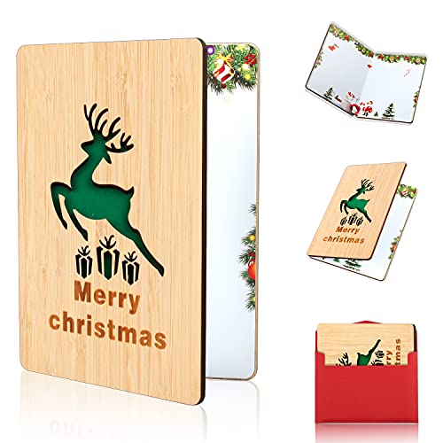 EKKONG Holz-Grußkarte, Weihnachtskarten mit Umschlag Set, Karte aus Bambus, Frohe Weihnachten Karte, Handgemachte Grußkarte aus Holz Weihnachtsmuster, Weihnachtsgeschenke und Wünsche von EKKONG