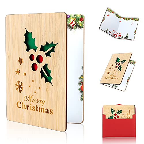 EKKONG Holz-Grußkarte, Weihnachtskarten mit Umschlag Set, Karte aus Bambus, Frohe Weihnachten Karte, Handgemachte Grußkarte aus Holz Weihnachtsmuster, Weihnachtsgeschenke und Wünsche von EKKONG
