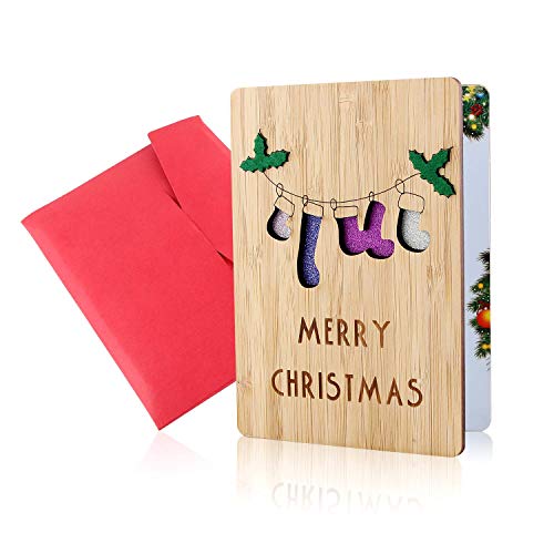 Holz-Grußkarte, Grußkarte aus Holz, Weihnachtskarten, Frohe Weihnachten Karte, Echte Bambus- und Holzgrußkarten, Bunte Weihnachtsmotive, Weihnachtsgeschenke und -Wünsche, Weihnachtsthemen (Socke) von EKKONG
