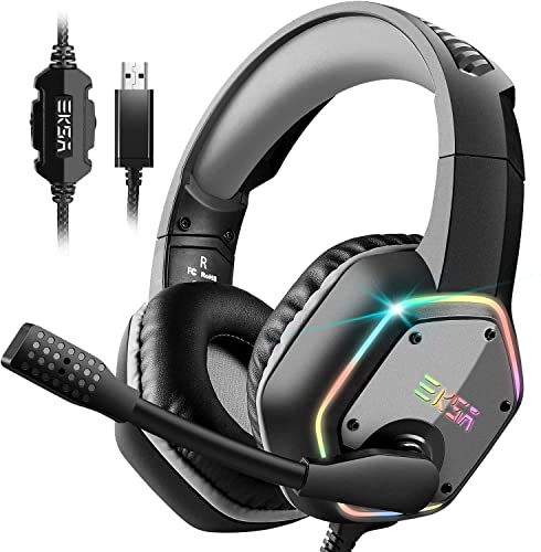 EKSA E1000 USB PC Gaming Headset mit Mikrofon, Gamer Headset mit Bass Surround Sound, RGB Beleuchtung, Gaming Kopfhörer mit Mic für PS4/PS5 Konsole/Computer/Laptop von EKSA