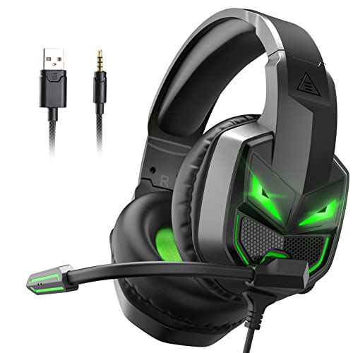 EKSA Fenrir Gaming Headset, Headset mit Mikrofon für PS4 PS5 Xbox one PC Mac Laptop, 3D Surround Sound Kopfhörer mit Noise Cancelling Mic, Grünes Licht, 3,5mm Audio Klinke, Schwarz von EKSA