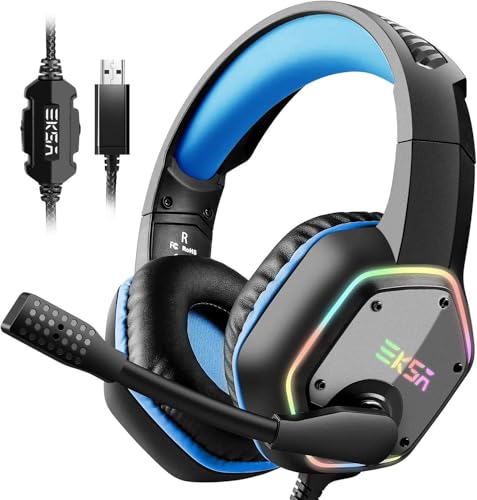 EKSA Headset USB mit Mikrofon, PC Headset Blau, 7.1 Surround-Sound für Exakte Feindortung im Spiel, RGB Gaming Headset mit Noise-Cancelling Mikrofon, USB Anschluss Headset für PS4/PS5 Computer Laptop von EKSA