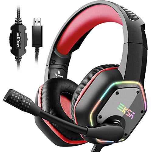 EKSA PC Headset mit Mikrofon, Gamer Headset Rot für PS5, 7.1 Surround Sound, RGB Kopfhörer mit Kabel, Noise Canceling Mic Kabelgebunden,Over Ear für Esports, PC, PS4/PS5 Console Laptop, Mehr Geräte von EKSA