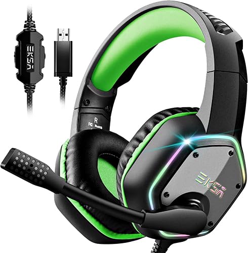 EKSA Gaming Headset, PC Headset mit Mikrofon 7.1 Surround Sound & RGB Lichter, Kopfhörer mit Kabel Rauschunterdrückung Mikrofon, USB Headset für PS4/PS5 Console Laptop von EKSA