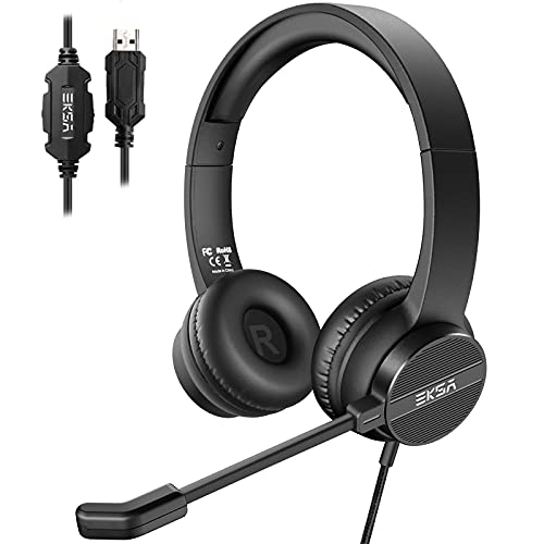 EKSA H12E USB PC Headset mit Mikrofon, Business Headset mit Rauschunterdrückung Mic, Stummschalter & Lautstärkeregler, Headset PC mit Kabel für Office/Callcenter/Büro/Zoom/Teams von EKSA