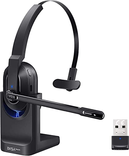 EKSA H5 Bluetooth Headset mit Mikrofon & USB Dongle [45 Stdn Spielzeit & 10M Reichweite] Mono PC Headset mit Ladestation & AI Rauschunterdrückung Mic, Wireless Business Headphones für Büro/HomeOffice von EKSA