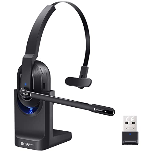 EKSA H5 Bluetooth PC Headset mit Mikrofon & USB Dongle [45 Stdn Spielzeit & 10M Reichweite] Mono mit Ladestation & AI Rauschunterdrückung Mic, Wireless Business Headphones für Büro/HomeOffice von EKSA