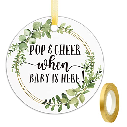 Mini-Geschenkanhänger für Babyparty, "Pop and Cheer When Baby is Here", "Greenery Champagne Babyparty", 5,1 cm, 50 Stück mit goldenem Band von EKSPLODI