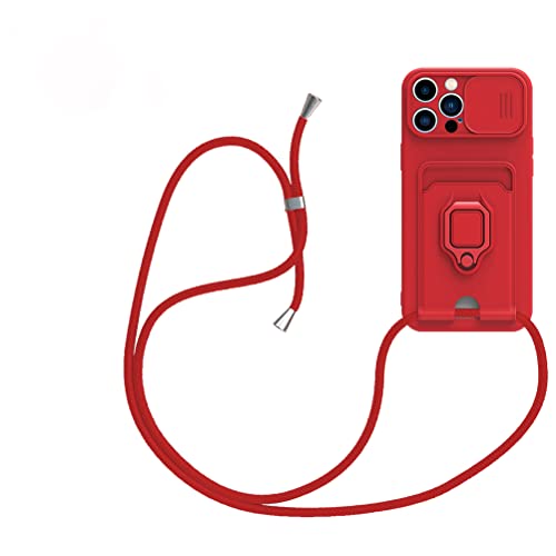 ELECTMAGIC Hülle Kompatibel mit iPhone 13 Pro mit Kameraschutz Slide Schiebekamera,kartenhalter,mit 360 Grad drehbarem Ringständer,Halsband Lanyard,Multifunktionale Handyhülle-Rot von ELECTMAGIC